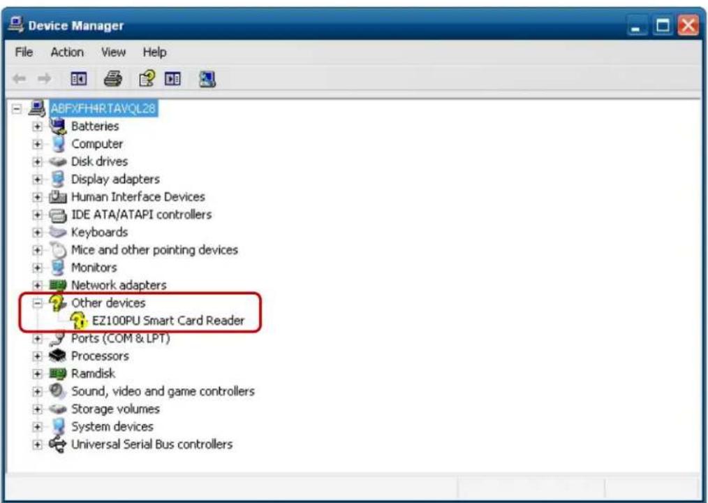 Device Manager File Action View Help ABFXFHHRTAVQL28 Batteries Computer Disk drives Display adapters Human Interface Devices IDE ATA/ATAPI controllers Keyboards Mice and other pointing devices Monitors Network adapters Other devices EZ100PU Smart Card Reader Ports (COM & LPT) Processors Ramdisk Sound, video and game controllers Storage volumes System devices Universal Serial Bus controllers