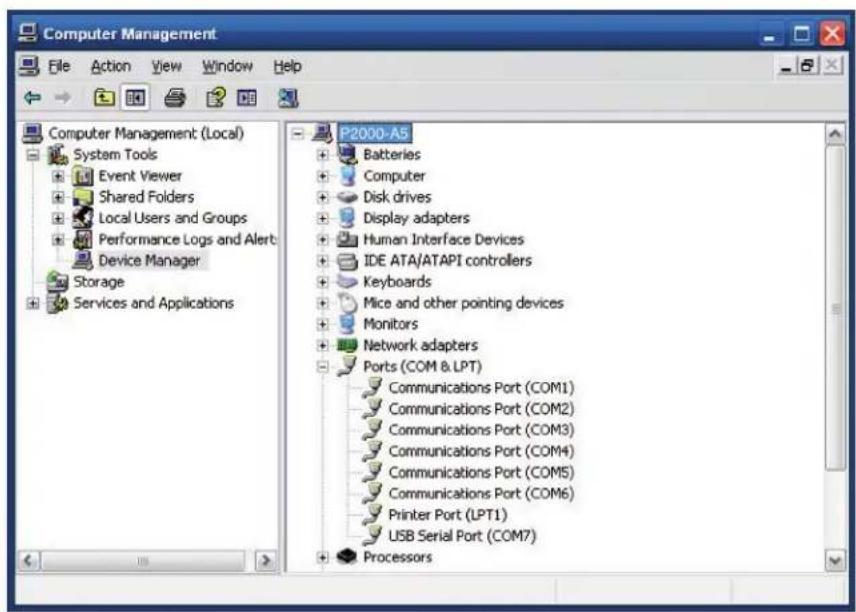 Computer Management File Action View Window Help Computer Management (Local) System Tools Event Viewer Shared Folders Local Users and Groups Performance Logs and Alert Device Manager Storage Services and Applications P2000-A5 Batteries Computer Disk drives Display adapters Human Interface Devices IDE ATA/ATAPI controllers Keyboards Mice and other pointing devices Monitors Network adapters Ports (COM & LPT) Communications Port (COM1) Communications Port (COM2) Communications Port (COM3) Communications Port (COM4) Communications Port (COM5) Communications Port (COM6) Printer Port (LPT1) USB Serial Port (COM7) Processors