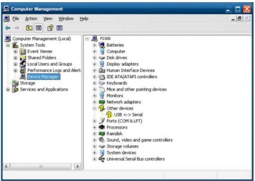 Computer Management File Action View Window Help Computer Management (Local) System Tools Event Viewer Shared Folders Local Users and Groups Performance Logs and Alert: Device Manager Storage Services and Applications P2300 Batteries Computer Disk drives Display adapters Human Interface Devices IDE ATA/ATAPI controllers Keyboards Mice and other pointing devices Monitors Network adapters Other devices USB <-> Serial Ports (COM & LPT) Processors Ramdisk Sound, video and game controllers Storage volumes System devices Universal Serial Bus controllers