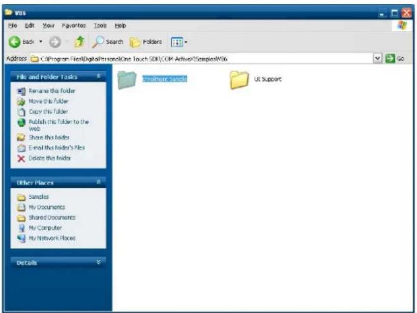 VDS File Edit View Favorites Tools Help Back Search Folders Address C:\Program Files\DigitalPersonalOne Touch SDK\COM Active\Samples\VDS File and Folder Tasks Rename this folder Move this folder Copy this folder Publish this folder to the web Share this folder Email this folder's files Delete this folder E:\Software\Sands UT Support Other Places Samples My Documents Shared Documents My Computer My Network Places Details
