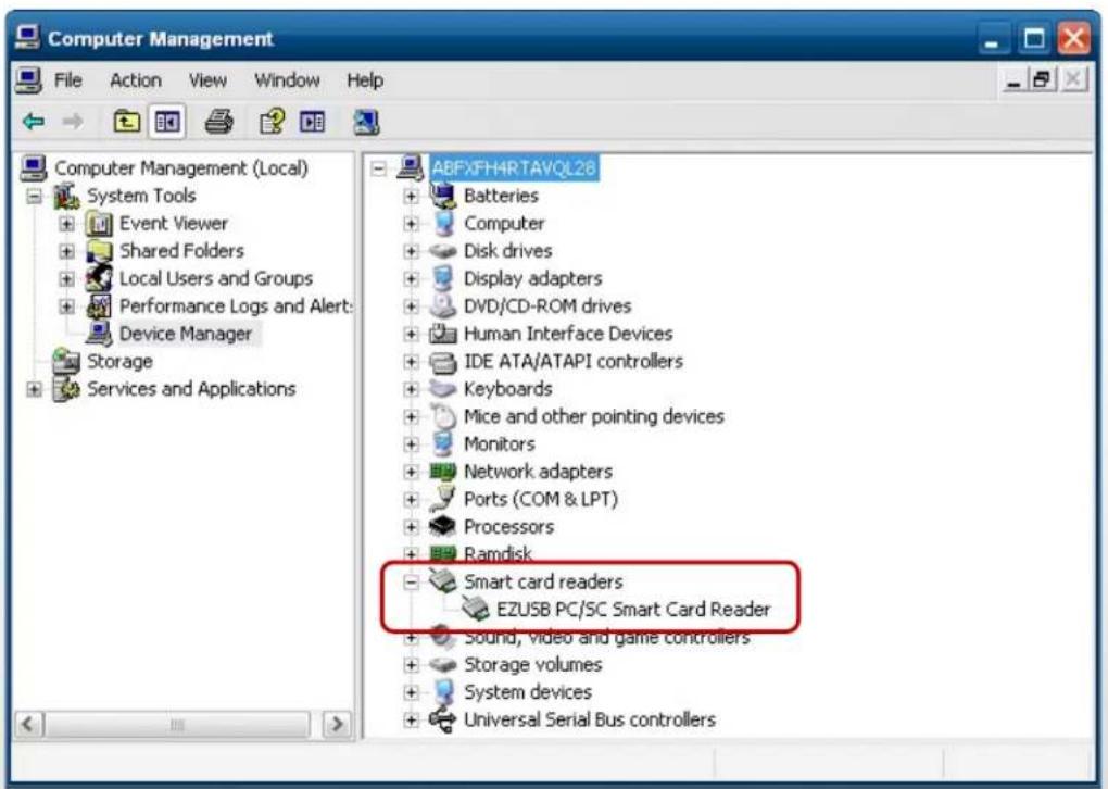 Computer Management File Action View Window Help Computer Management (Local) System Tools Event Viewer Shared Folders Local Users and Groups Performance Logs and Alert: Device Manager Storage Services and Applications ABFXFH4RTAVQL26 Batteries Computer Disk drives Display adapters DVD/CD-ROM drives Human Interface Devices IDE ATA/ATAPI controllers Keyboards Mice and other pointing devices Monitors Network adapters Ports (COM & LPT) Processors Ramdisk Smart card readers EZUSB PC/SC Smart Card Reader Sound, video and game controllers Storage volumes System devices Universal Serial Bus controllers