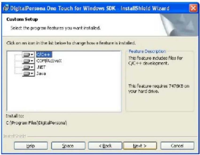 DigitalPersona One Touch for Windows SDK - InstallShield Wizard Custom Setup Select the program features you want installed. Click on an icon in the list below to change how a feature is installed. Feature Description This feature includes files for C/C++ development. This feature requires 7476KB on your hard drive. Install to: C:\Program Files\DigitalPersona\ InstallShield Help Space < Back Next > Cancel