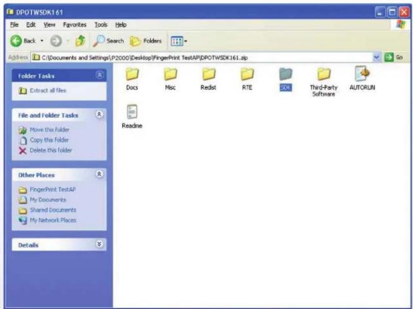 DPOTWSDK161 File Edit View Favorites Tools Help Back Search Folders Address C:\Documents and Settings\P2000\Desktop\FingerPrint TestAPI\DPOTWSDK161 ALP Go Folder Tasks Extract all files File and Folder Tasks Move this Folder Copy the Folder Delete this folder Other Places Fingerprint TestAP My Documents Shared Documents My Network Places Details Docs Misc Redist RTE SDK Third-Party Software AUTORUN Readine