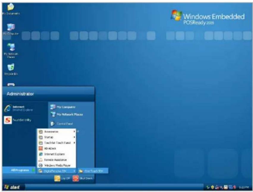 Windows Embedded POSReady 2001 My Documents My Computer My Network Places Recycle Bits Administrator Internet Internet Explorer TouchSet Utility My Computer My Network Places Control Panel Accessories Startup Touch Set Touch Panel HD ADeck Internet Explorer Remote Assistance Windows Media Player Add Programs Digital Release SDK One Touch SDK Log Off Quick Dash start