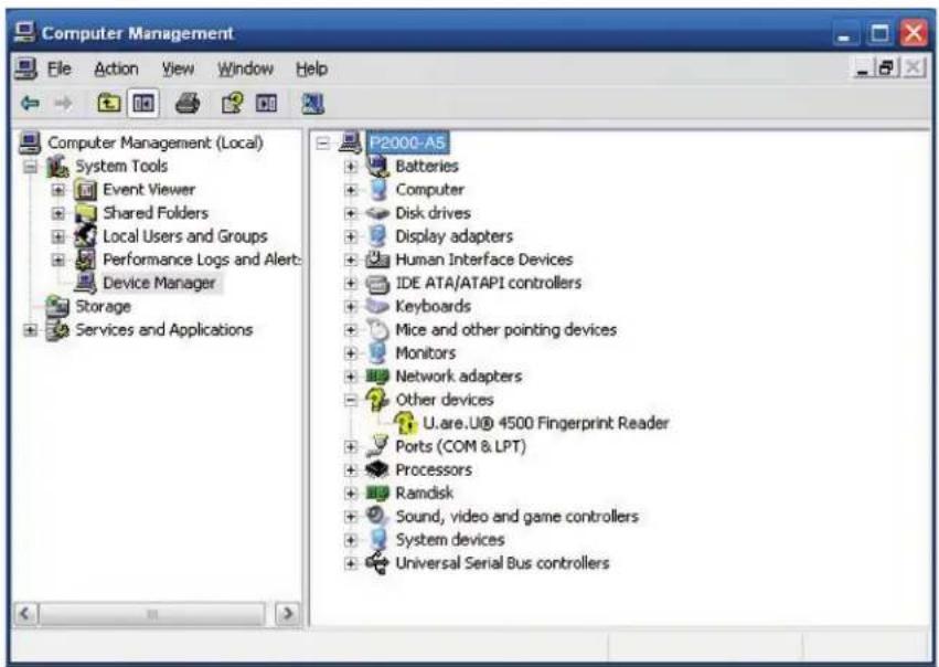 Computer Management File Action View Window Help Computer Management (Local) System Tools Event Viewer Shared Folders Local Users and Groups Performance Logs and Alert: Device Manager Storage Services and Applications P2000-AS Batteries Computer Disk drives Display adapters Human Interface Devices IDE ATA/ATAPI controllers Keyboards Mice and other pointing devices Monitors Network adapters Other devices U.are.U® 4500 Fingerprint Reader Ports (COM & LPT) Processors Ramdisk Sound, video and game controllers System devices Universal Serial Bus controllers