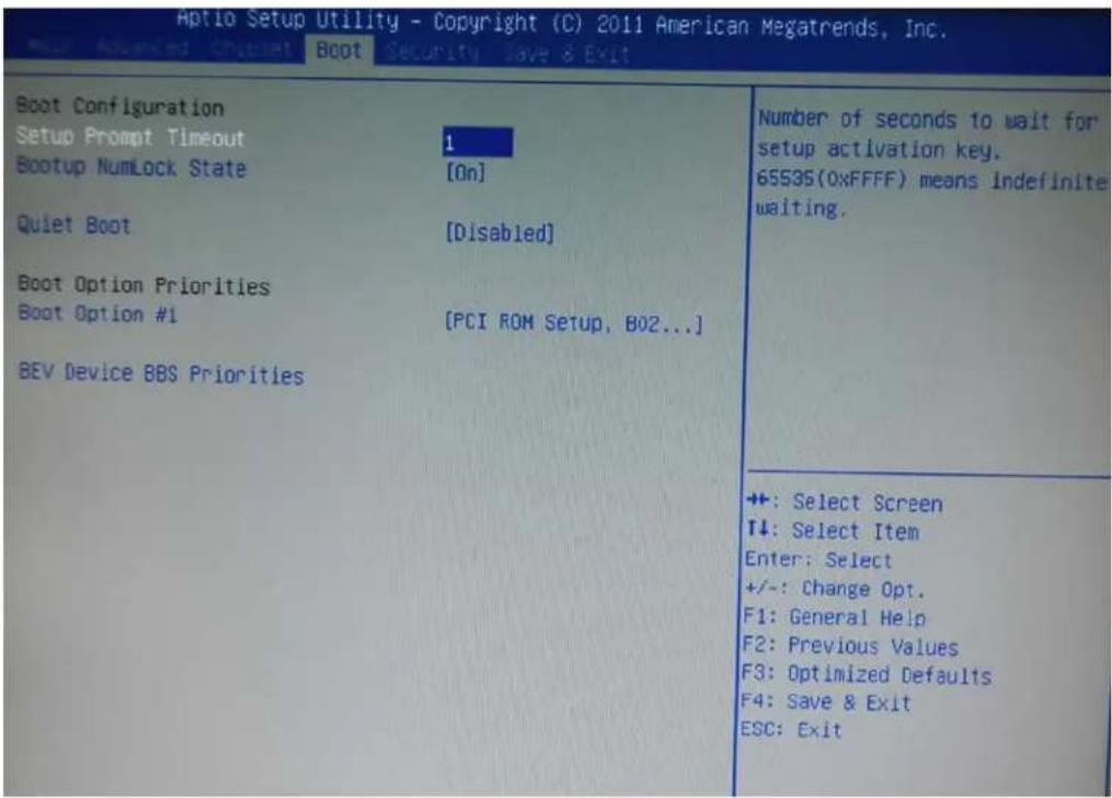 Aptio Setup Utility - Copyright (C) 2011 American Megatrends, Inc. Boot Configuration Setup Prompt Timeout Bootup NumLock State Quiet Boot Boot Option Priorities Boot Option #1 BEV Device BBS Priorities Number of seconds to wait for setup activation key. 65S35(0xFFFF) means indefinite waiting. +:-: Select Screen T4: Select Item Enter: Select +/-: Change Opt. F1: General Help F2: Previous Values F3: Optimized Defaults F4: Save & Exit ESC: Exit