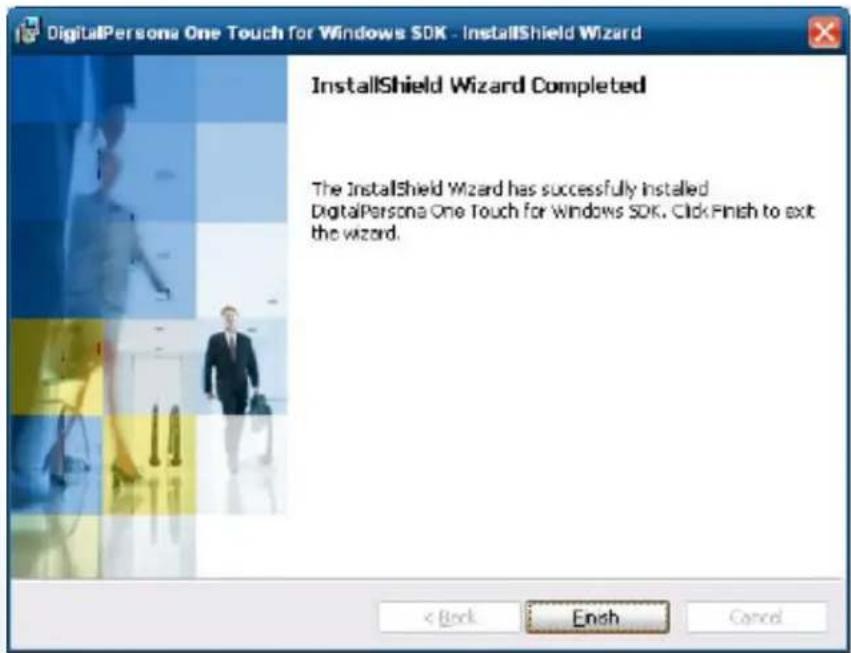 DigitalPersona One Touch for Windows SDK - InstallShield Wizard InstallShield Wizard Completed The InstallShield Wizard has successfully installed DigitalPersona One Touch for Windows SDK. Click Finish to exit the wizard. < Back Finish Cancel