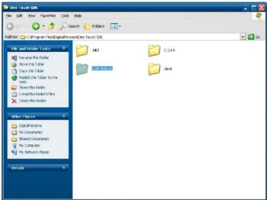 One Touch SDK File Edit View Favorites Tools Help Address C:\Program Files\DigitalPersonnelOne Touch SDK File and Folder Tasks Rename this folder Move this folder Copy this folder Publish this folder to the web Share this folder E-mail this folder's files Delete this folder Other Places DigitalPersona My Documents Shared Documents My Computer My Network Places Details .NET C++ C++ SOP Activated Java