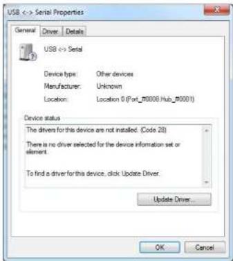 USB <> Serial Properties General Driver Details USB <> Serial Device type: Other devices Manufacturer: Unknown Location: Location 0 (Port_2R0008.Hub_2R0001) Device status The drivers for this device are not installed. (Code 28) There is no driver selected for the device information set or element. To find a driver for this device, click Update Driver. Update Driver... OK Cancel