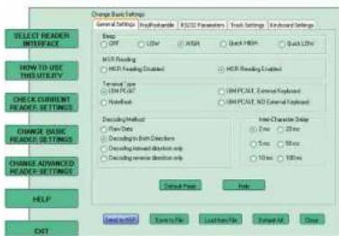 SELECT READER INTERFACES HOW TO USE THE UTILITY CHECK CURRENT READS SETTINGS CHANGE BASIC READS SETTINGS CHANGE ADVANCED READS SETTINGS HELP OUT Change Back Settings General Settings Default Mode HCP Settings Back Settings External Settings Help OK Cancel Hi/State Event Date Location Date Named User Close