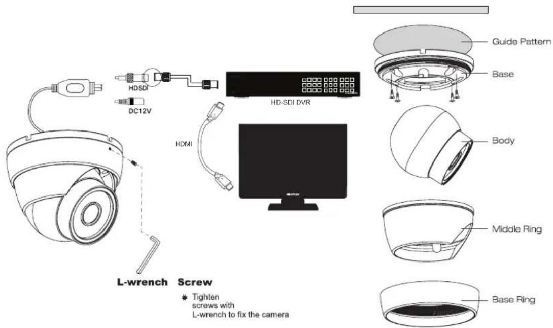 L-wrench Screw * Tighten screws with L-wrench to fix the camera HDSI DC12V HDMI HD-SDI DVR Guide Pattern Base Body Middle Ring Base Ring
