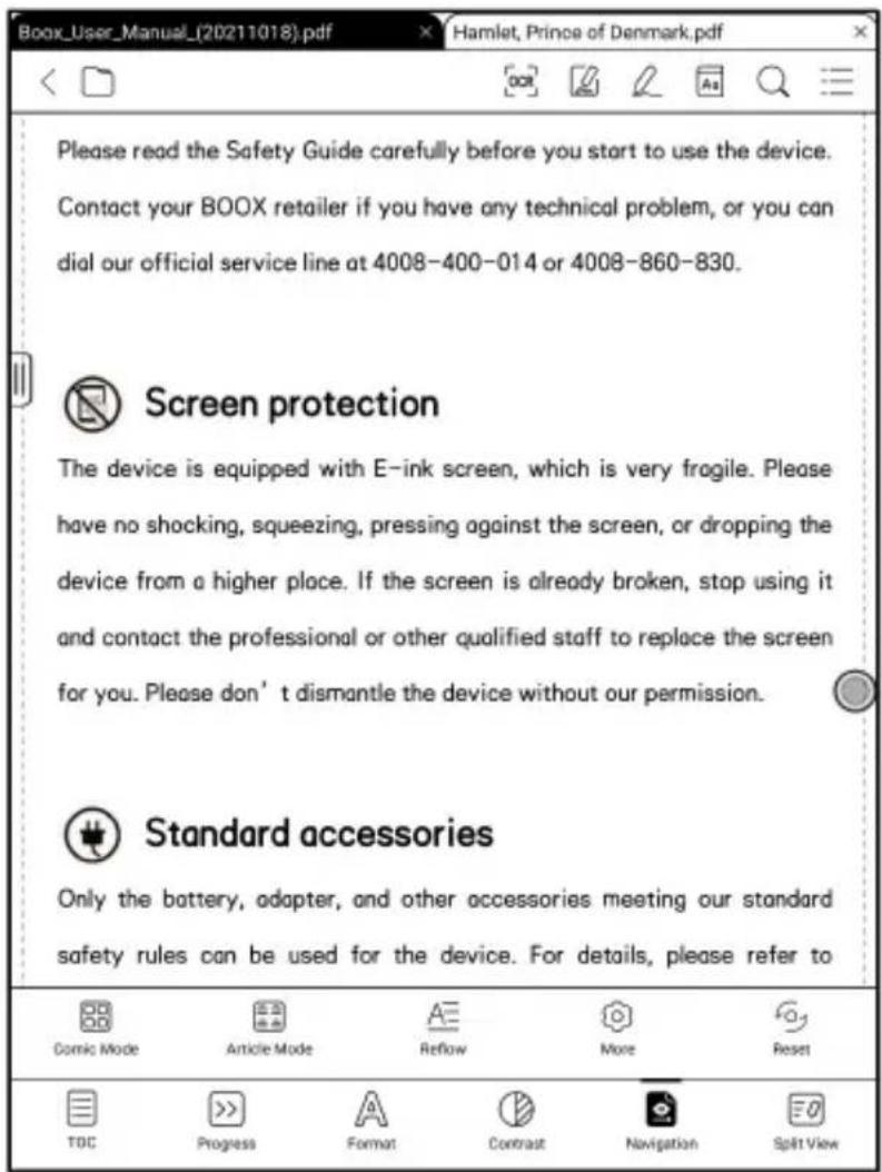 Please read the Safety Guide carefully before you start to use the device. Contact your BOOX retailer if you have any technical problem, or you can dial our official service line at 4008-400-014 or 4008-860-830. Screen protection The device is equipped with E-ink screen, which is very fragile. Please have no shocking, squeezing, pressing against the screen, or dropping the device from a higher place. If the screen is already broken, stop using it and contact the professional or other qualified staff to replace the screen for you. Please don't dismantle the device without our permission. Standard accessories Only the battery, adapter, and other accessories meeting our standard safety rules can be used for the device. For details, please refer to