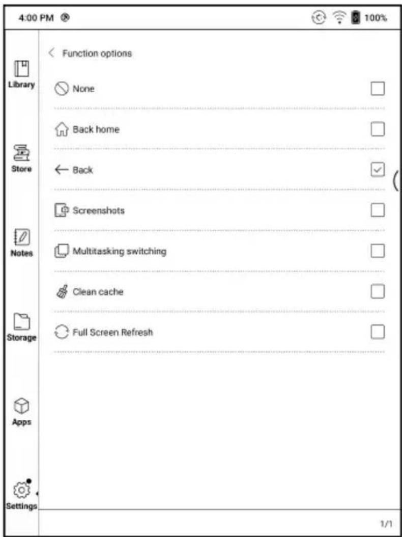 4:00 PM Library Store Notes Storage Apps Settings Function options None Back home Back Screenshots Multitasking switching Clean cache Full Screen Refresh 1/1