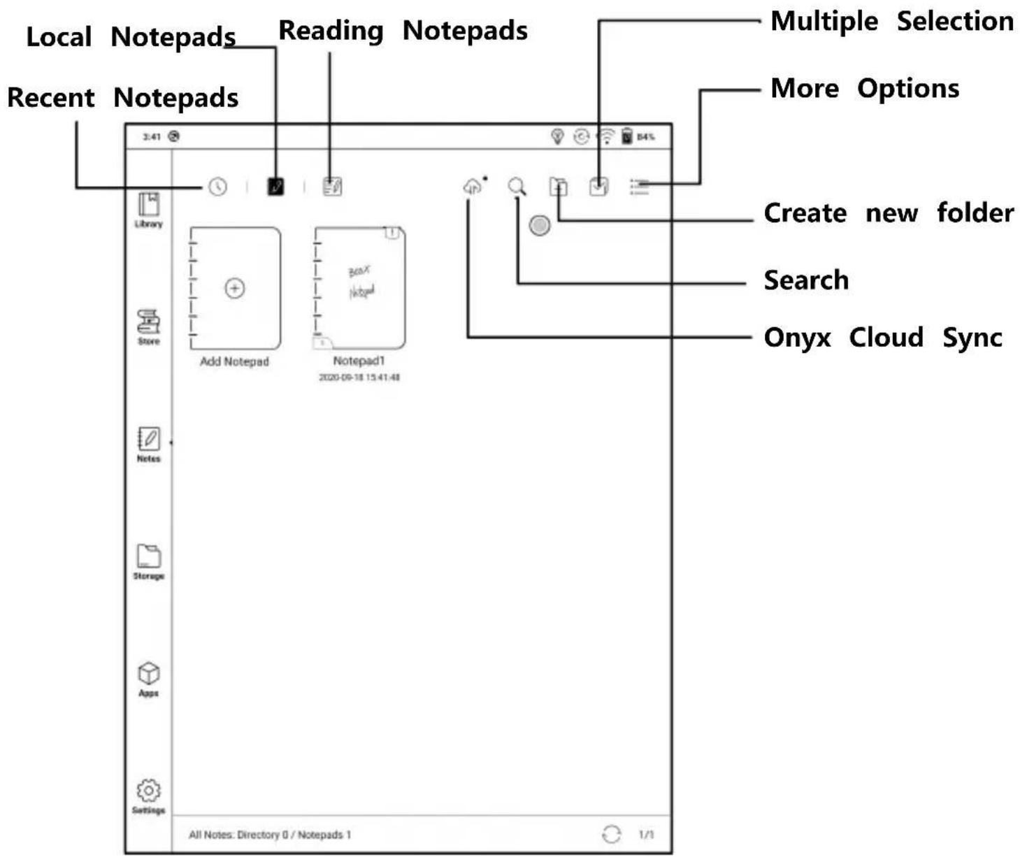 Local Notepads Reading Notepads Recent Notepads 3:41 Multiple Selection More Options Create new folder Search Onyx Cloud Sync Library Add Notepad Notepad1 2020-09-18 15:41:48 Store Notes Storage Apps Settings All Notes: Directory 0 / Notepads 1 1/3