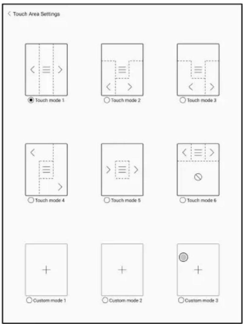 < Touch Area Settings < = > ● Touch mode 1 ○ Touch mode 2 ○ Touch mode 3 < = > ○ Touch mode 4 ○ Touch mode 5 ○ Touch mode 6 + ○ Custom mode 1 + ○ Custom mode 2 + ○ Custom mode 3