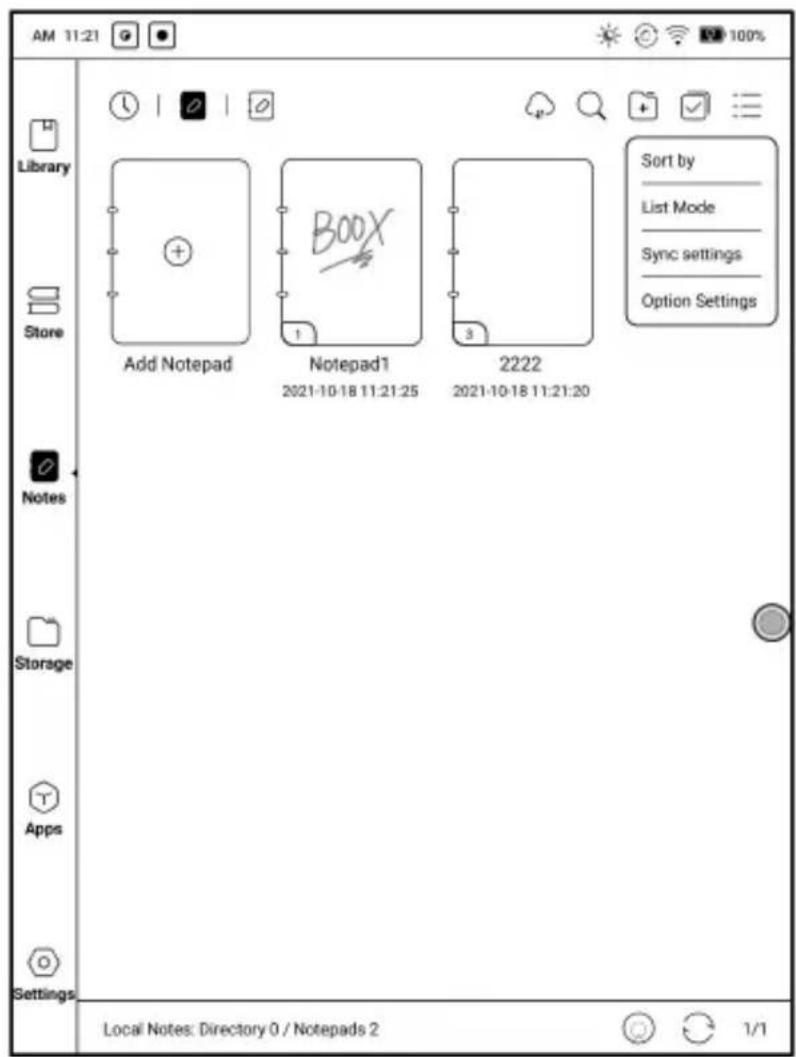 AM 11:21 Library Store Notes Storage Apps Settings Add Notepad Notepad1 2021-10-18 11:21:25 2222 Sort by List Mode Sync settings Option Settings Local Notes: Directory 0 / Notepads 2 1/1