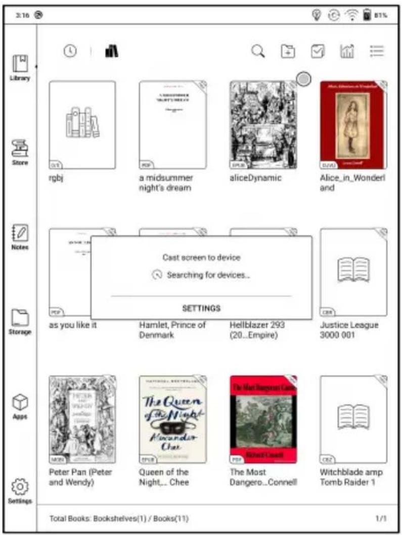 2:16 Library Store rgbj a midsummer night's dream aliceDynamic Alice_in_Wonderl and Notes Cast screen to device Searching for devices... SETTINGS as you like it Hamlet, Prince of Denmark Hellblazer 293 (20...Empire) Justice League 3000 001 Storage Apps Peter Pan (Peter and Wendy) Queen of the Night... Chee The Most Dangero...Connell Witchblade amp Tomb Raider 1 Settings Total Books: Bookshelves(1) / Books(11) 1/1