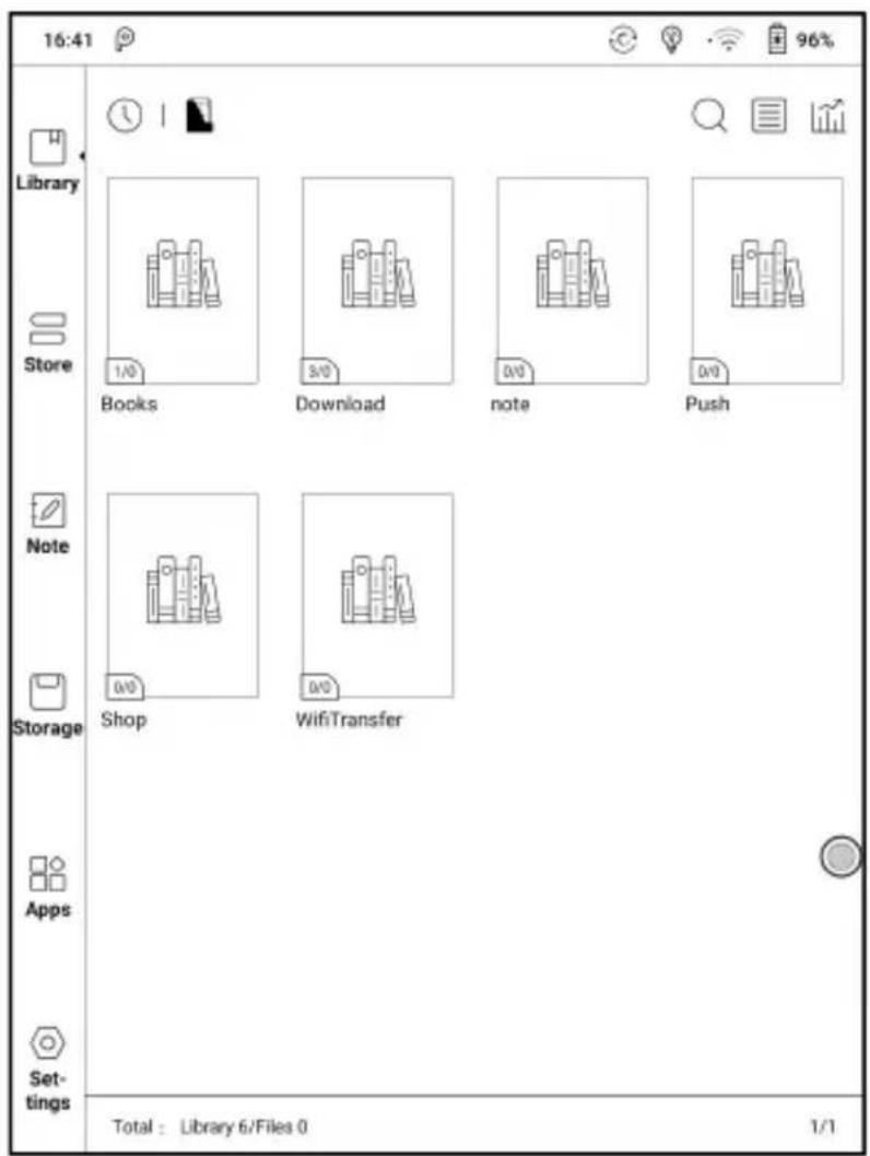 16:41 Library Store Books Download note Push Note Shop WiFiTransfer Storage Apps Set- tings Total : Library 6/Files 0 1/1