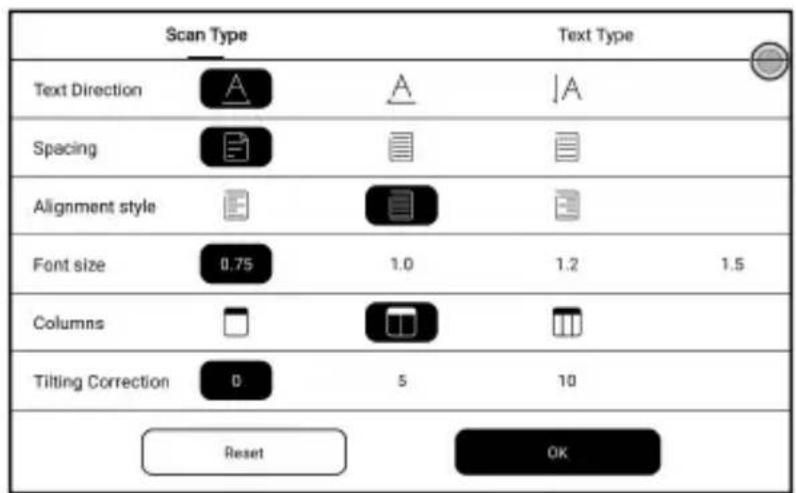 Scan Type Text Direction Spacing Alignment style Font size Columns Tilting Correction Reset Text Type A A A 1.0 5 1.2 1.5 OK