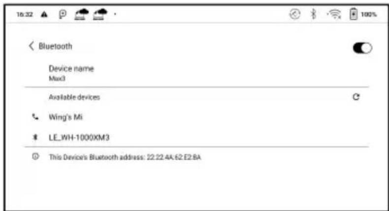 16:32 Bluetooth Device name Max3 Available devices Wing's Mi LE_WH-1000XM3 © This Device's Bluetooth address: 22.22.4A.62.E2.BA