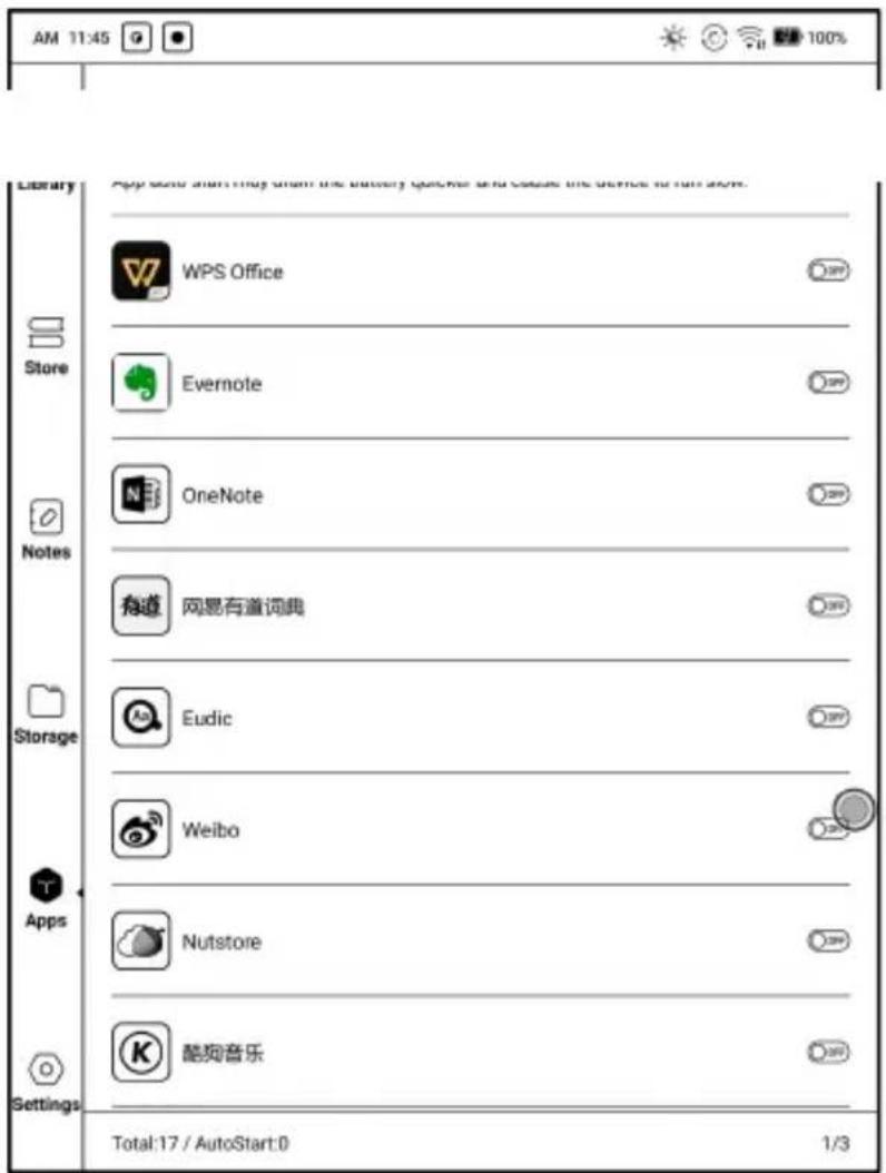 AM 11:45 100% Library App store then must share the battery quicker and cause the device to run off. Store WPS Office Evernote OneNote Notes 有道 网易有道词典 Storage Eudic Weibo Nutsstore Ket狗音乐 Settings Total:17 / AutoStart:0 1/3