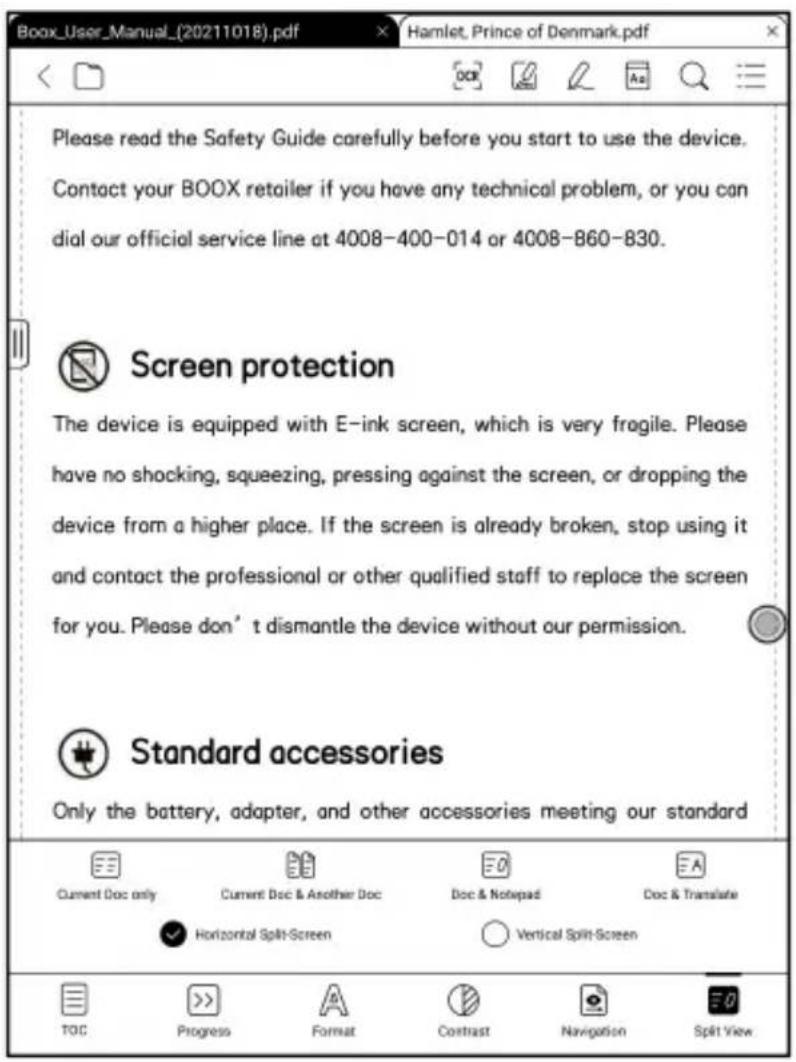 Please read the Safety Guide carefully before you start to use the device. Contact your BOOX retailer if you have any technical problem, or you can dial our official service line at 4008-400-014 or 4008-860-830. Screen protection The device is equipped with E-ink screen, which is very fragile. Please have no shocking, squeezing, pressing against the screen, or dropping the device from a higher place. If the screen is already broken, stop using it and contact the professional or other qualified staff to replace the screen for you. Please don’t dismantle the device without our permission. Standard accessories Only the battery, adapter, and other accessories meeting our standard