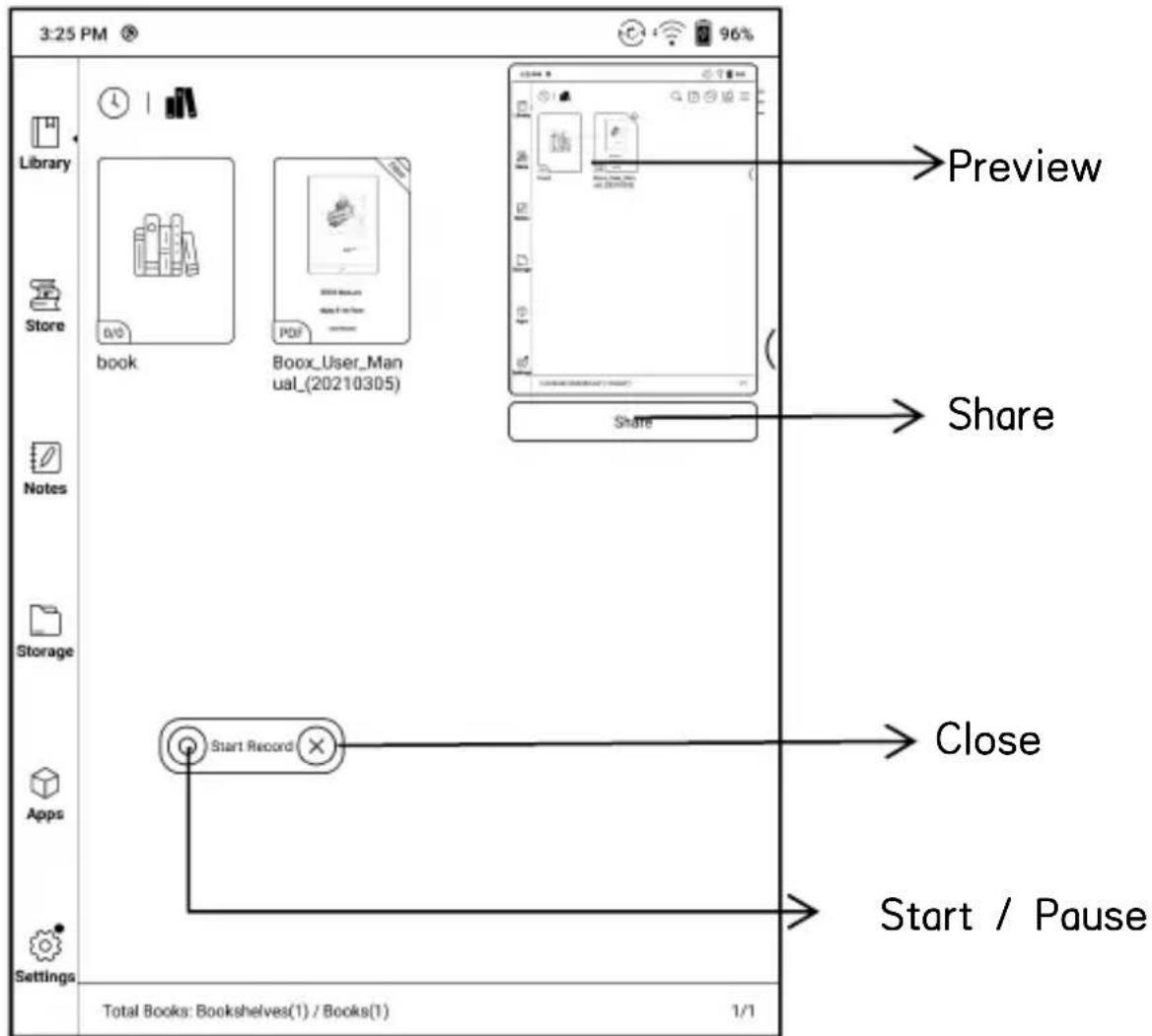 3:25 PM Library Store book Bookx_User_Manual_(20210305) Share Preview Share Notes Storage Start Record Close Start / Pause Settings Total Books: Bookshelves(1) / Books(1) 1/1