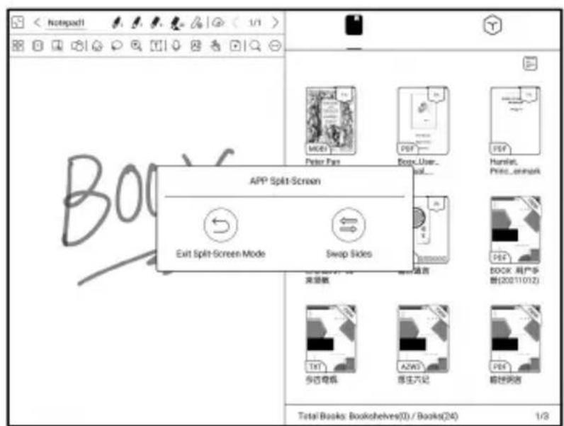 APP Split-Screen Exit Split-Screen Mode Swap Sides 来源数 ADD: 用户多 (2011/012) 多选电机 原生六记 粉丝网络 Total Books: Bookshelves(0) / Books(24) 1/3