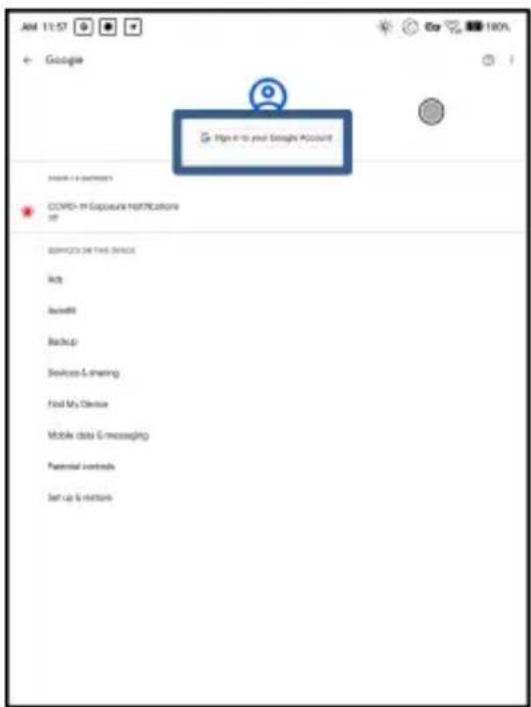 AM 11:57 Google Sign In-to your Simple Account Add to your Simple Account COVID-19 Exposure Identification and SERVICES OR THIS SERVICE Help Refresh Backup Services & sharing Find My Device Mobile data & messaging Parental controls Set up & remove