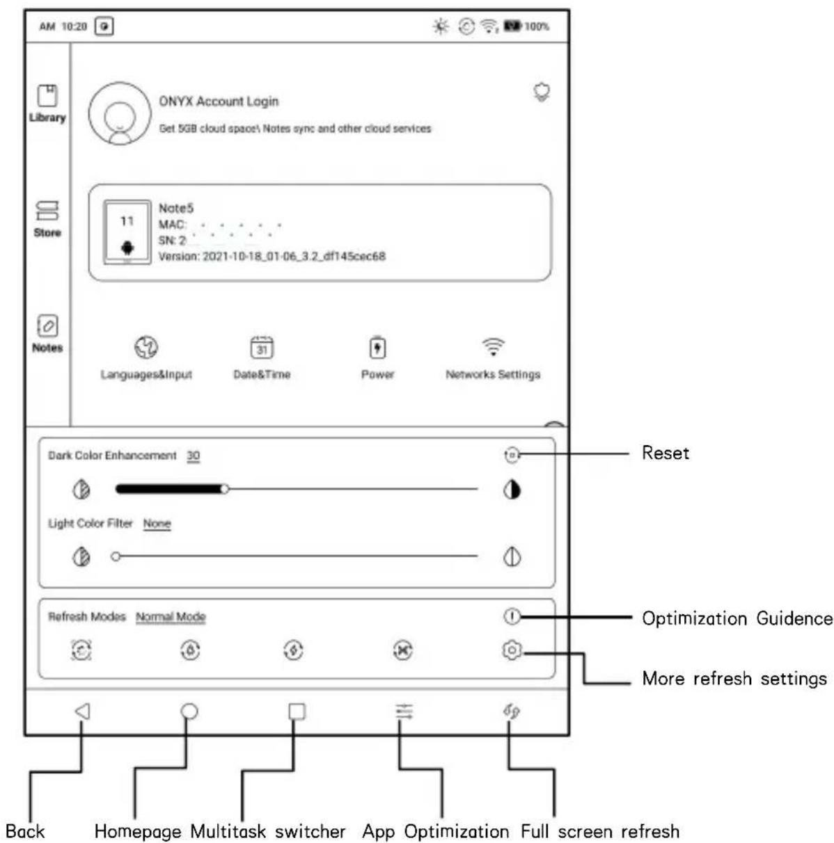 AM 10:20 Library ONYX Account Login Get 5GB cloud space\ Notes sync and other cloud services Store Note5 MAC: SN: 2 Version: 2021-10-18_01-06_3.2_df145cec68 Notes Languages&Input Date&Time Power Networks Settings Dark Color Enhancement 30 Light Color Filter None Refresh Modes Normal Mode Reset Optimization Guidance More refresh settings Back Homepage Multitask switcher App Optimization Full screen refresh