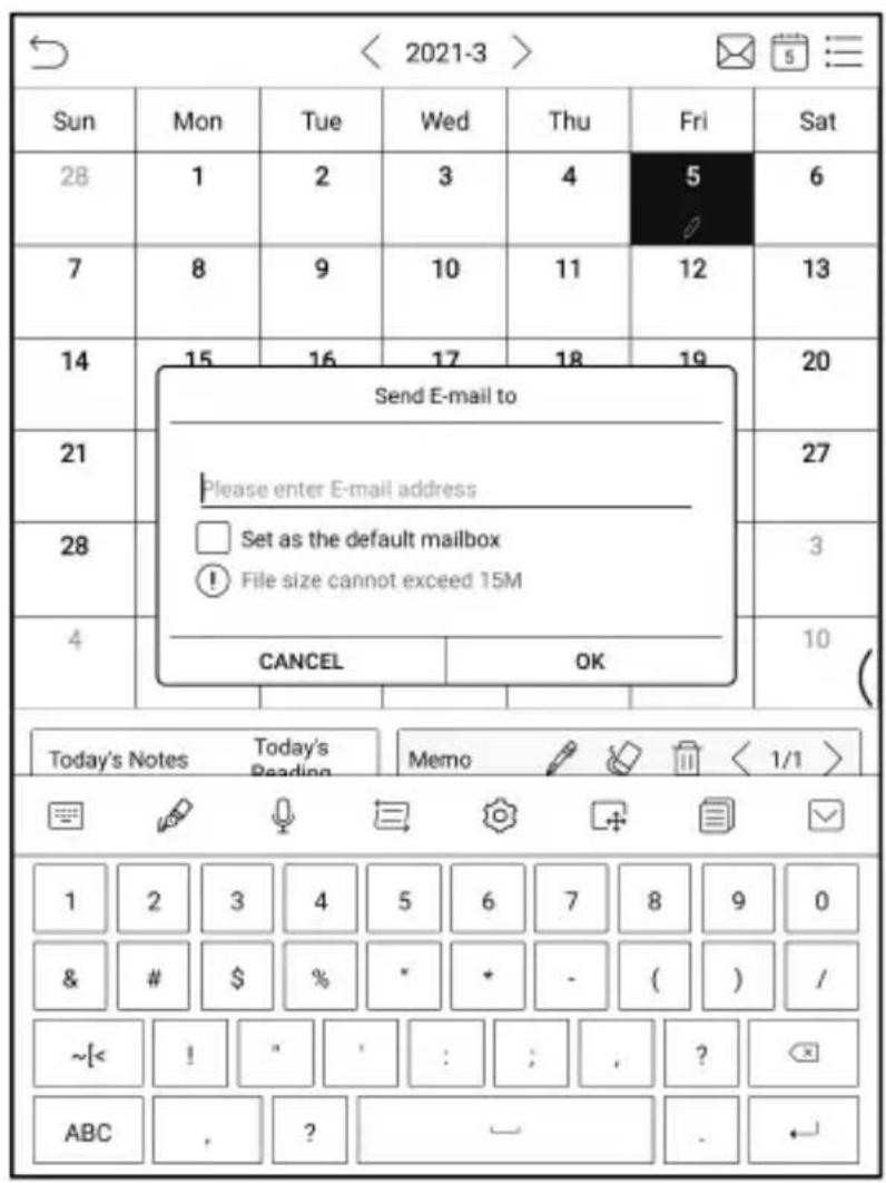 < 2021-3 > Sun Mon Tue Wed Thu Fri Sat 28 1 2 3 4 5 6 7 8 9 10 11 12 13 14 15 16 17 18 19 20 Send E-mail to Please enter E-mail address Set as the default mailbox ! File size cannot exceed 15M 21 28 4 CANCEL OK 10 Today's Notes Today's Reading Memo < 1/1 > 1 2 3 4 5 6 7 8 9 0 & # $ % * + - ( ) / ~[< ! " : ; , ? ABC , ? — . ←