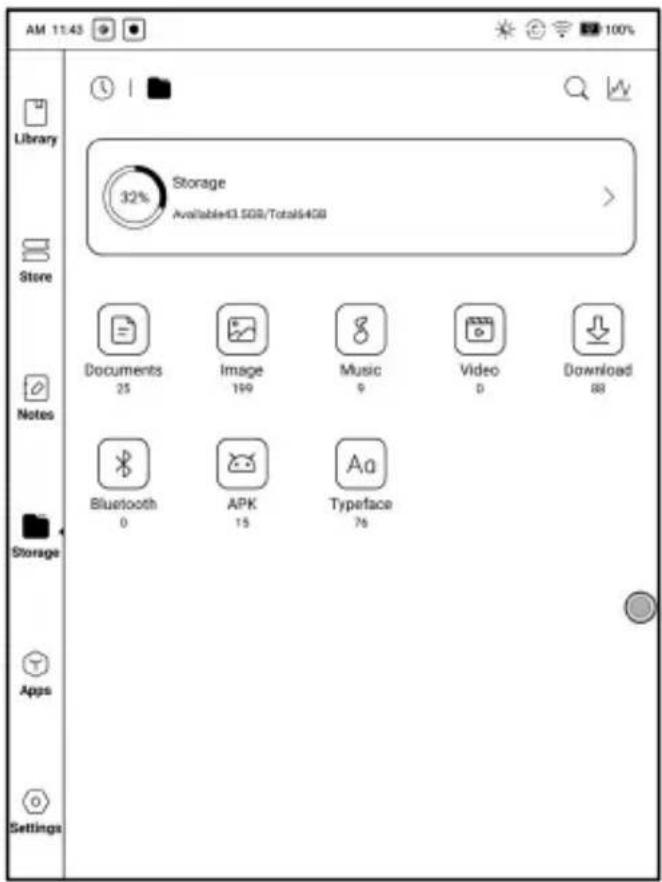 AM 11:43 Library Store Notes Storage Apps Settings 32% Storage Available:63.5GB/Total:64GB Documents 25 Image 199 Music 9 Video 0 Download 88 Bluetooth 0 APK 15 Typeface 76