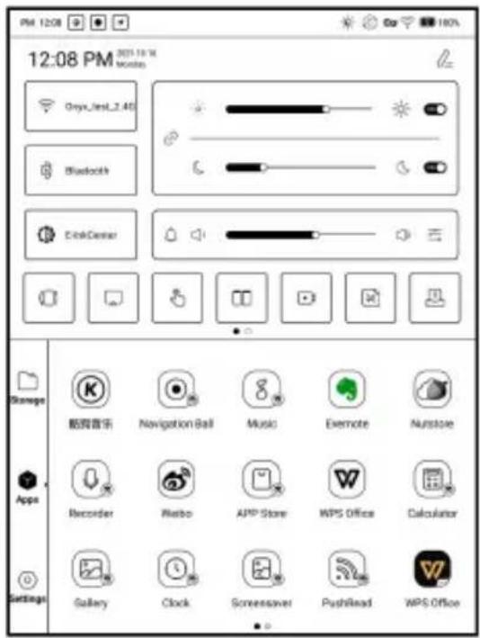 PM 12:08 PM 2021-10-16 12:08 PM Onyx_1st_2.40 Bluetooth EinkCenter Storage Apps Settings 聪明音乐 Navigation Ball Music Exemote Nurstore Recorder Placebo APP Store WPS Office Calculator Gallery Clock Sensaver PushRead WPS Office