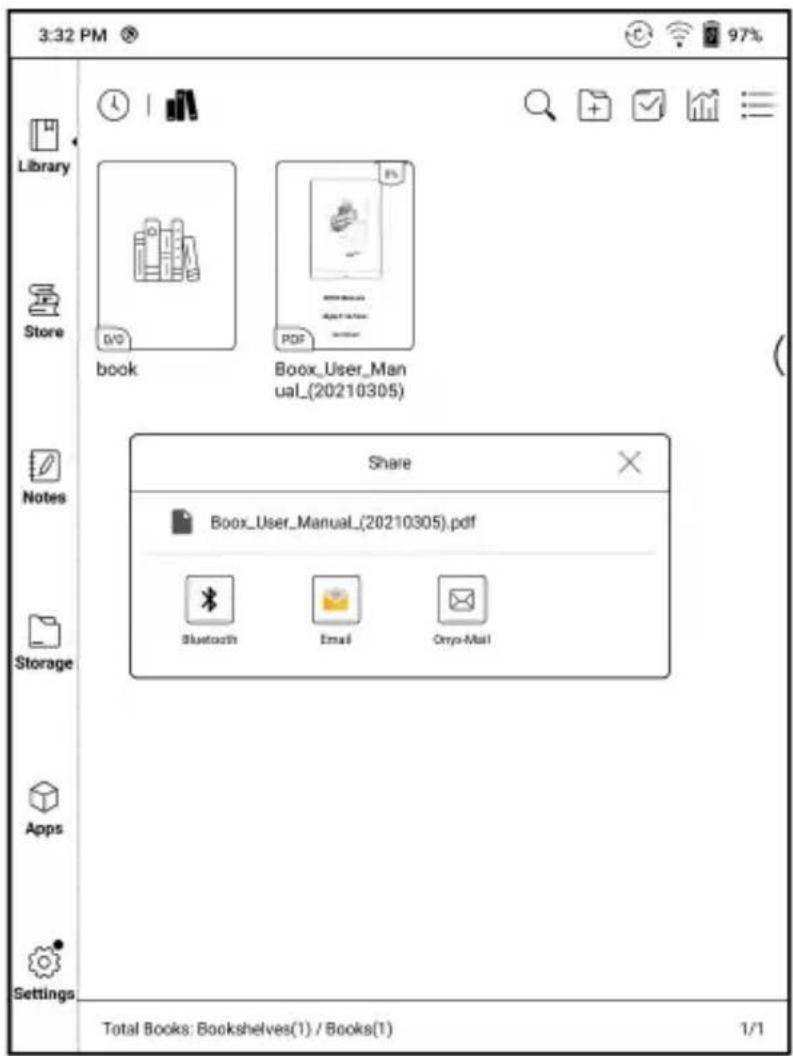 3:32 PM Library Store book Book_User_Manual_(20210305) Share Book_User_Manual_(20210305).pdf Bluetooth Email Ompa-Mail Notes Storage Apps Settings Total Books: Bookshelves(1) / Books(1) 1/1