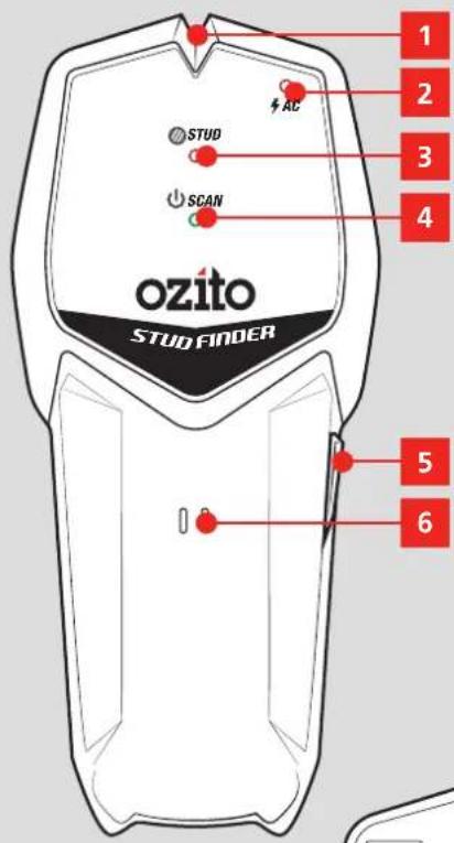 1 2 3 4 STUD SCAN ozito STUD FINDER 5 6