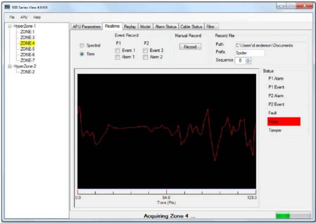 500 Series View 4.6.0.0 File APU Help HyperZone-1 ZONE-1 ZONE-3 ZONE-4 ZONE-5 ZONE-6 ZONE-7 HyperZone-2 ZONE-2 APU Parameters Realtime Replay Model Alarm Status Cable Status Filter Event Record Manual Record Record File P1 P2 Event 1 Event 2 Alarm 1 Alarm 2 Record Path C:\Users\d.anderson\Documents Prefix Spider Sequence 0 + Time Acquiring Zone 4 ...
