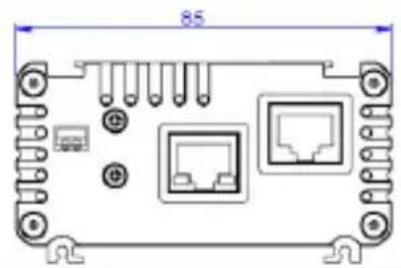 Technical line drawing of an electronic device casing with ports and connectors (no text or symbols)