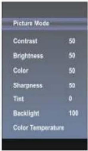 Picture Mode Contrast 50 Brightness 50 Color 50 Sharpness 50 Tint 0 Backlight 100 Color Temperature