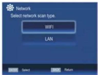 Network Select network scan type. WIFI LAN OK Select BACK Return