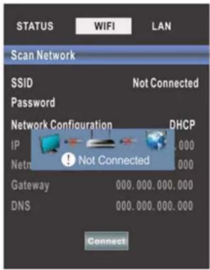 STATUS WIFI LAN Scan Network SSID Not Connected Password Network Configuration DHCP IP 000 Net Not Connected Gateway 000.000.000.000 DNS 000.000.000.000 Connect