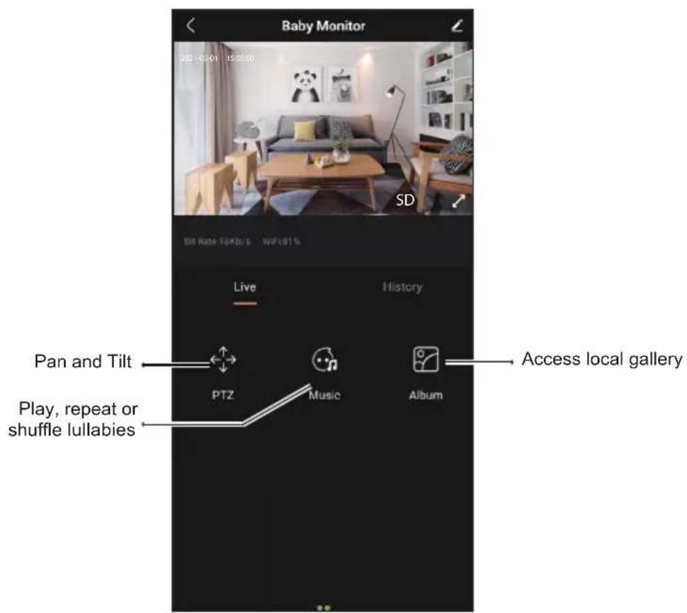 Baby Monitor 202102.01 15:00:00 SD File Rate: 16KB/s WiFi:01% Live History Pan and Tilt Play, repeat or shuffle lullabies PTZ Music Album Access local gallery