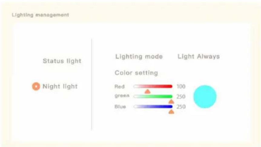 Lighting management Status light Night light Lighting mode Light Always Color setting Red 100 green 250 Blue 250