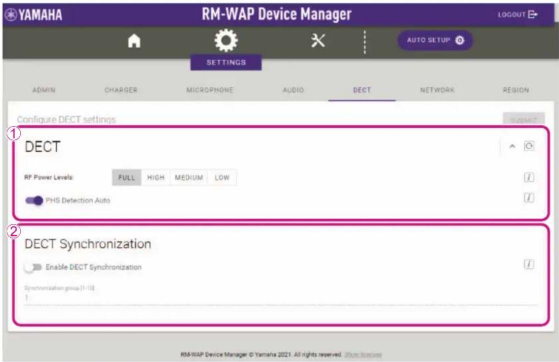 YAMAHA RM-WAP Device Manager LOGOUT AUTO SETUP SETTINGS ADMIN CHARGER MICROPHONE AUDIO DECT NETWORK REGION Configure DECT settings DECT RF Power Levels: FULL HIGH MEDIUM LOW PHS Detection Auto DECT Synchronization Enable DECT Synchronization Synchronization group (1-10) 1 RM-WAP Device Manager © Yamaha 2021. All rights reserved. Show Listset