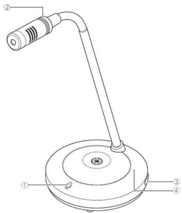 Technical diagram of a desktop desk lamp with labeled parts including a bulb, speaker, and base components.