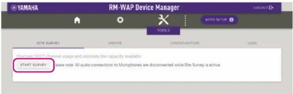 YAMAHA RM-WAP Device Manager LOGOUT AUTO SETUP TOOLS SITE SURVEY UPDATE CONFIGURATION LOGS Discover DFCT channel usage and estimate the capacity available START SURVEY Please note: All audio connections to Microphones are disconnected while Site Survey is active.