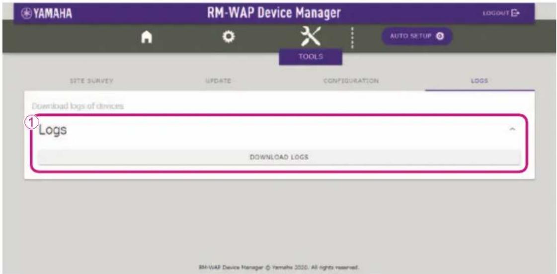 YAMAHA RM-WAP Device Manager LOGOUT AUTO SETUP TOOLS SITE SURVEY UPDATE CONFIGURATION LOGS Download logs of devices 1 Logs DOWNLOAD LOGS BM-WAP Device Manager © Yamaha 2020. All lights reserved.