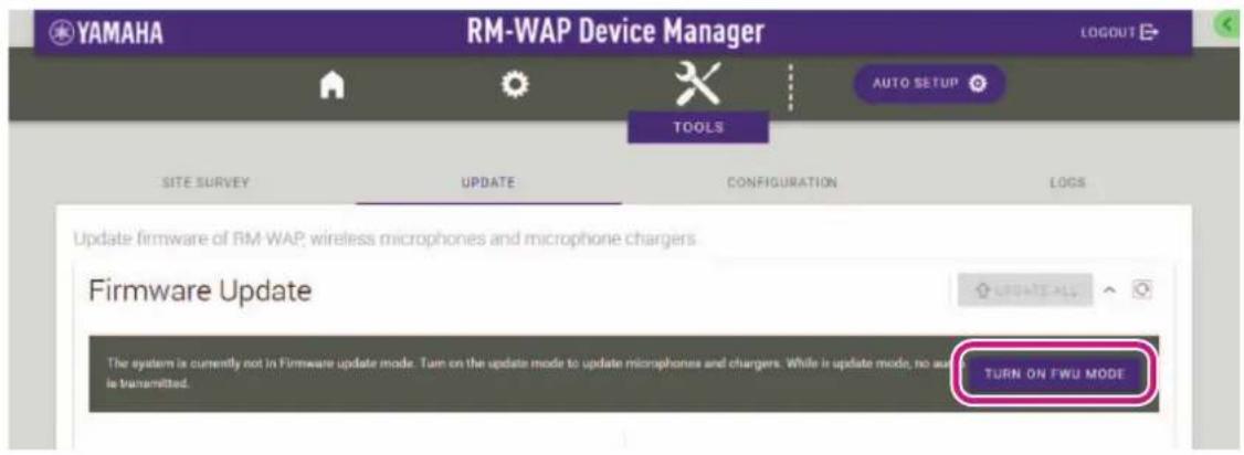 YAMAHA RM-WAP Device Manager LOGOUT AUTO SETUP TOOLS SITE SURVEY UPDATE CONFIGURATION LOGS Update firmware of RM-WAP; wireless microphones and microphone chargers Firmware Update UPDATE ALL TURN ON FWU MODE The system is currently not in Firmware update mode. Turn on the update mode to update microphones and chargers. While is update mode, no user is transmitted.