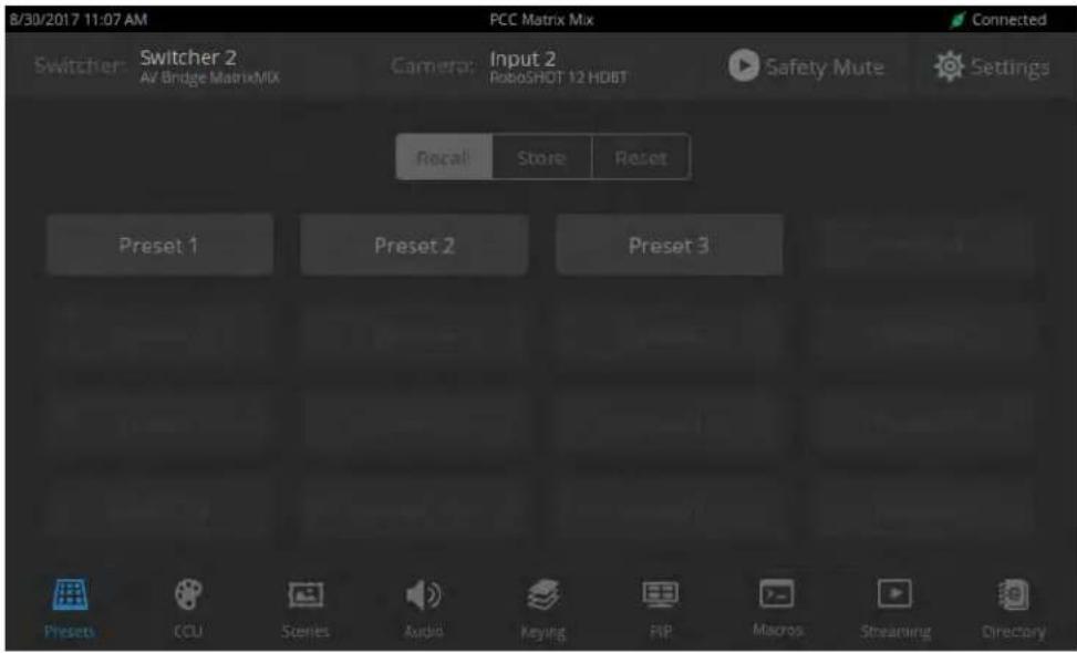 8/30/2017 11:07 AM PCC Matrix Mix Switcher: Switcher 2 AV Bridge MatrixMIX Camera: Input 2 RooSHOT 12 HDBT Safety Mute Settings Recall Store Reset Preset 1 Preset 2 Preset 3 Presets CCU Scenes Audio Keying FIP Macros Streaming Directory