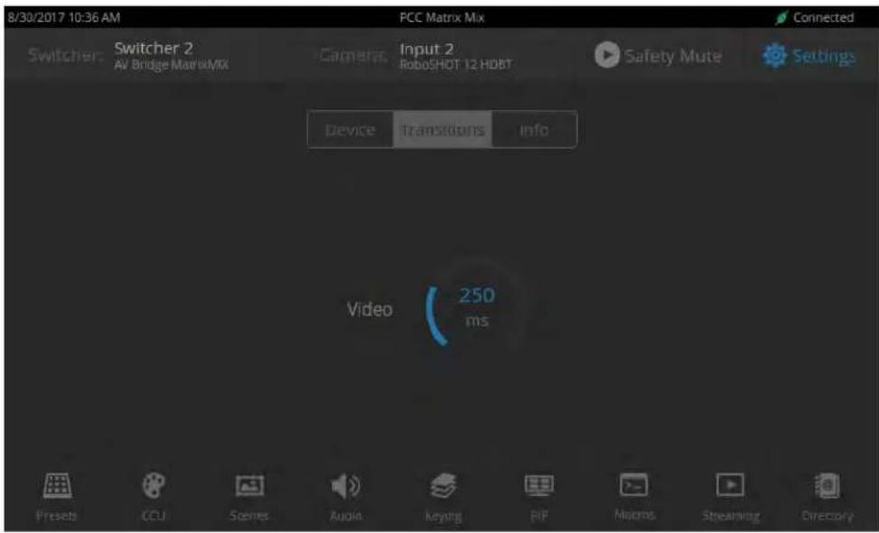 8/30/2017 10:36 AM FCC Matrix Mix Switcher 2 AV Bridge MatrixMix Camera Input 2 RoboSHOT 12 HDBT Safety Mute Settings Device Transistors Info Video 250 ms Presets CCU Scenes Audio Keying RIF Macros Streaming Directory