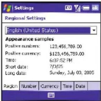 Settings Regional Settings English (United States) Appearance samples Positive numbers: 123,456,789.00 Positive currency: $123,456,789.00 Time: 6:07:52 PM Short date: 7/3/05 Long date: Sunday, July 03, 2005 Region Number Currency Time Date